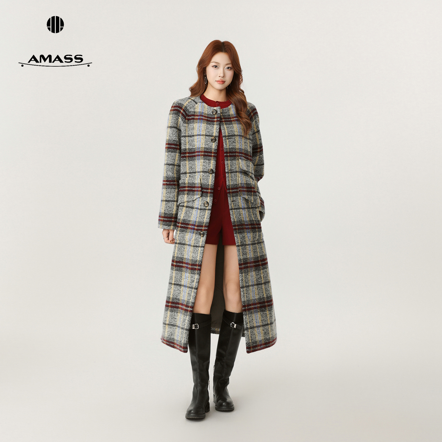 AMASS/阿玛施秋冬高级感复古格纹双面呢气质百搭绵羊毛大衣540093