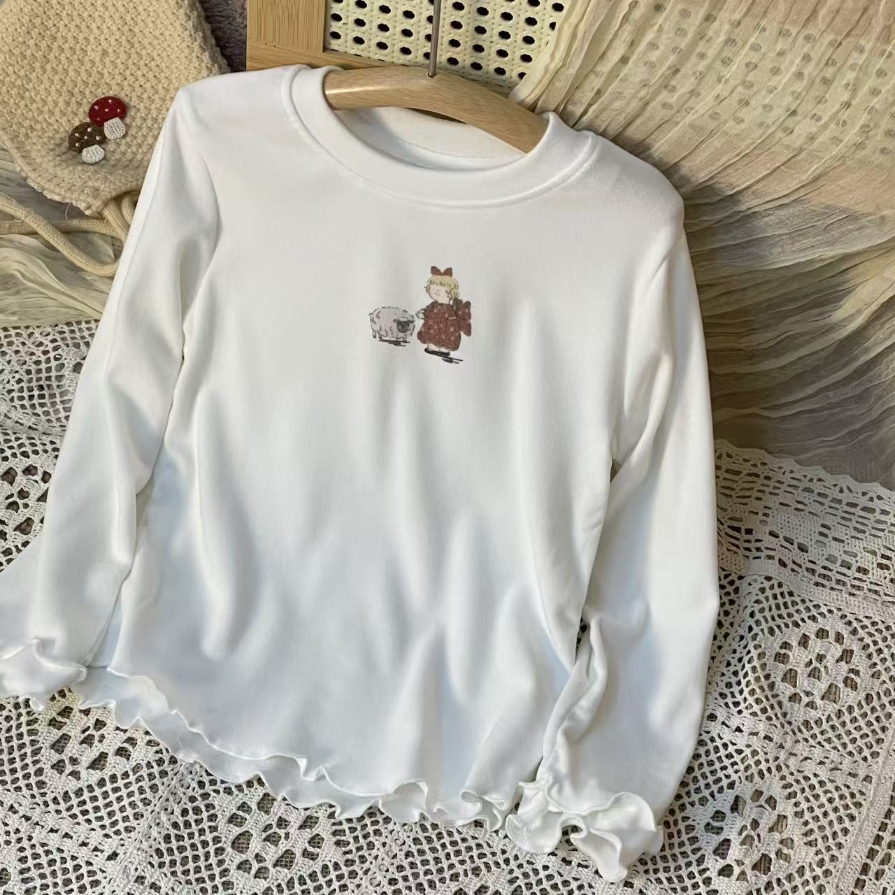 现货「可可买手集合店」珍妮木耳边磨毛T恤长袖#买手