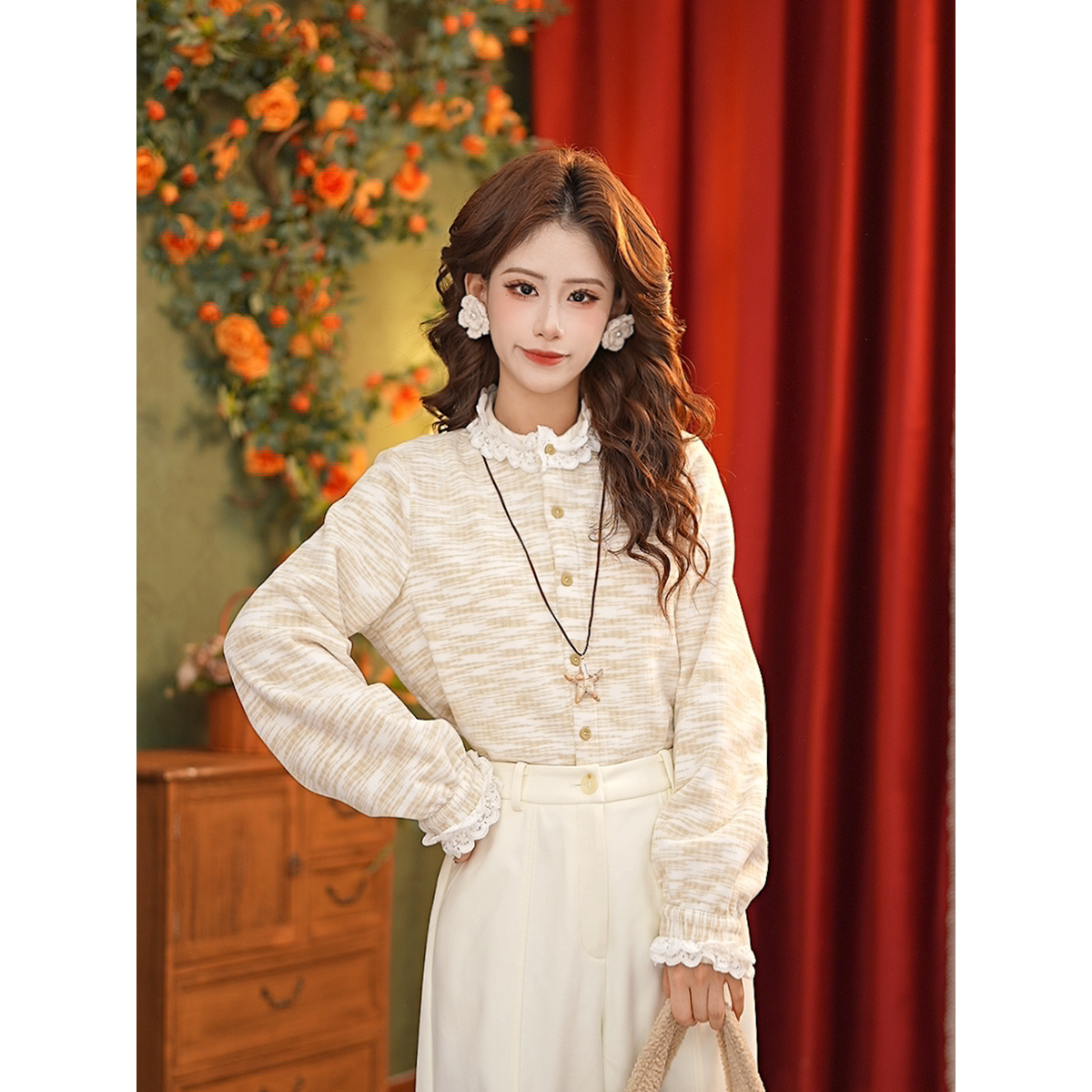 DaYuanSAD【亦瑶】张嘉圆花边领正肩衬衣上衣女叠穿长袖衬衫#S15167