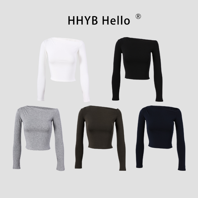 HHYB Hello2025新款不规则斜肩修身长袖针织衫收腰T恤上衣250576