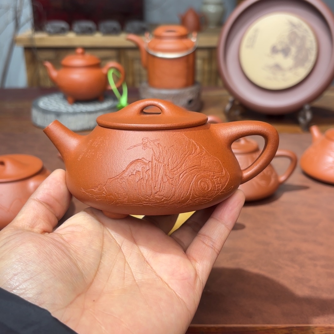 百***川茶壶紫砂景舟石瓢220毫升大红泥