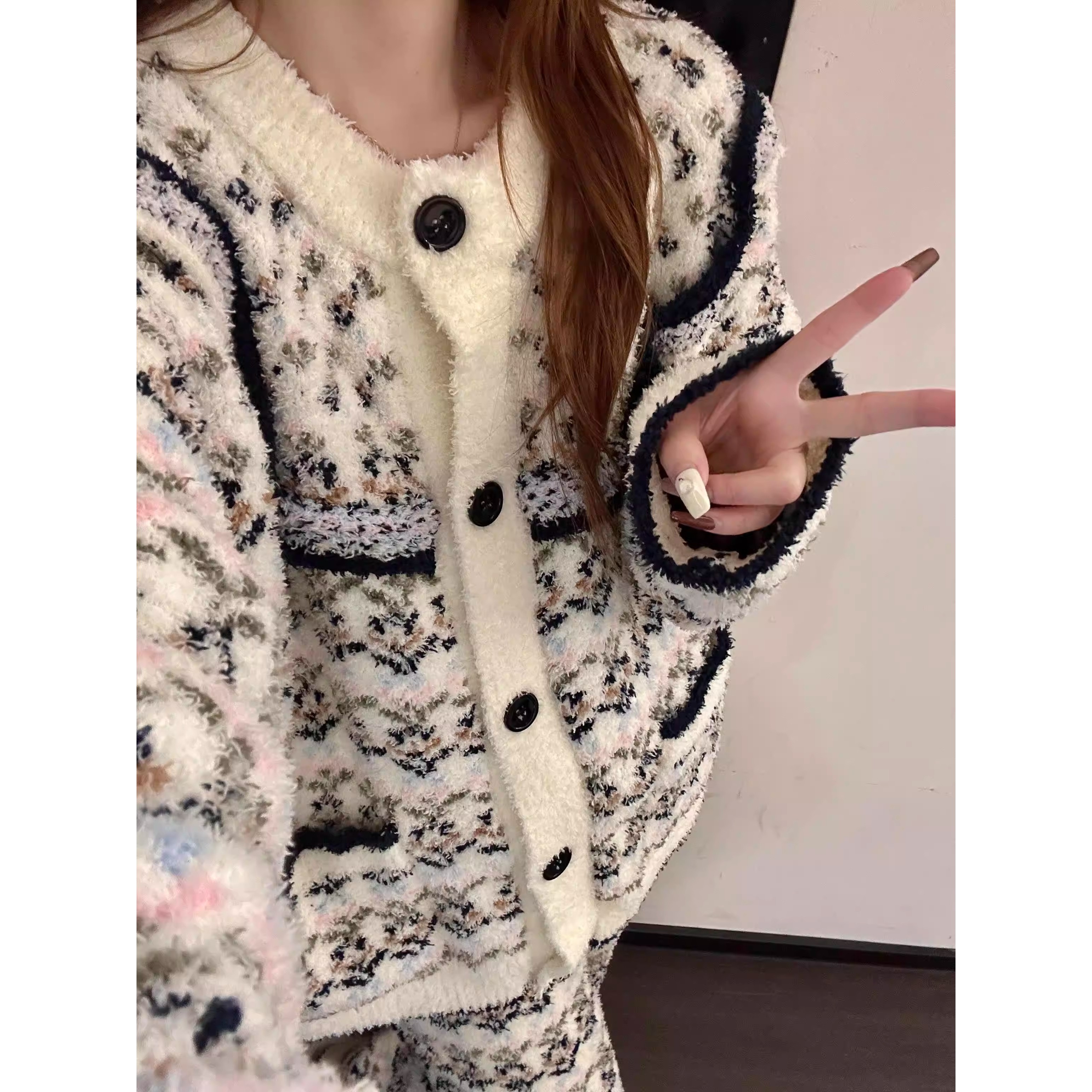 复古风费尔岛针织半边绒睡衣女秋冬季新款大码加厚保暖家居服套装