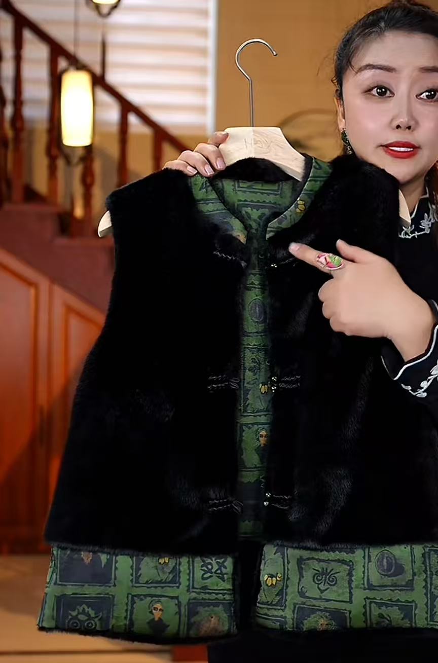 碧山~新中式国风双面盘扣丝绒水貂毛气质保暖短马甲JS21