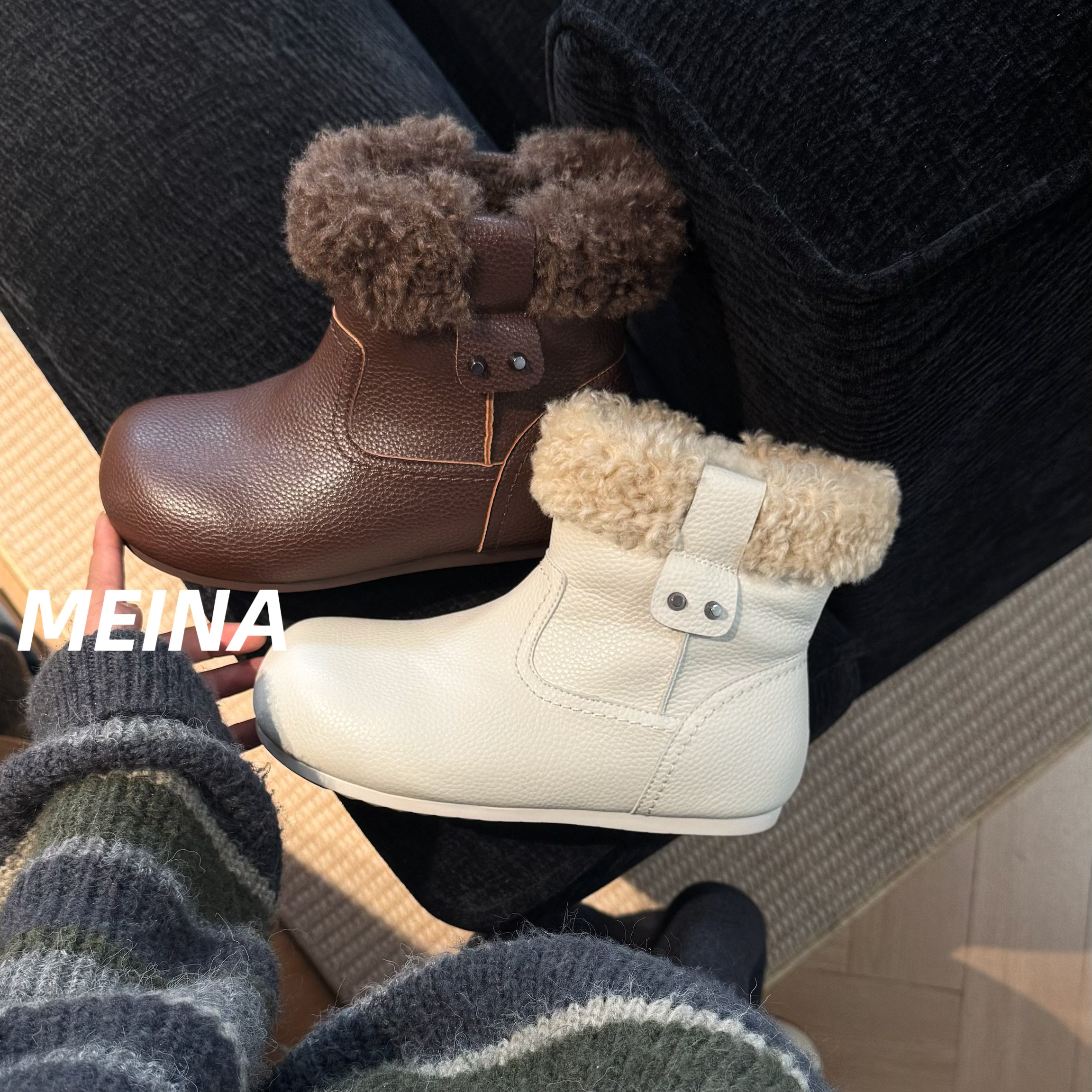 [美娜]真皮加绒复合圆头毛毛短靴保暖雪地靴女鞋