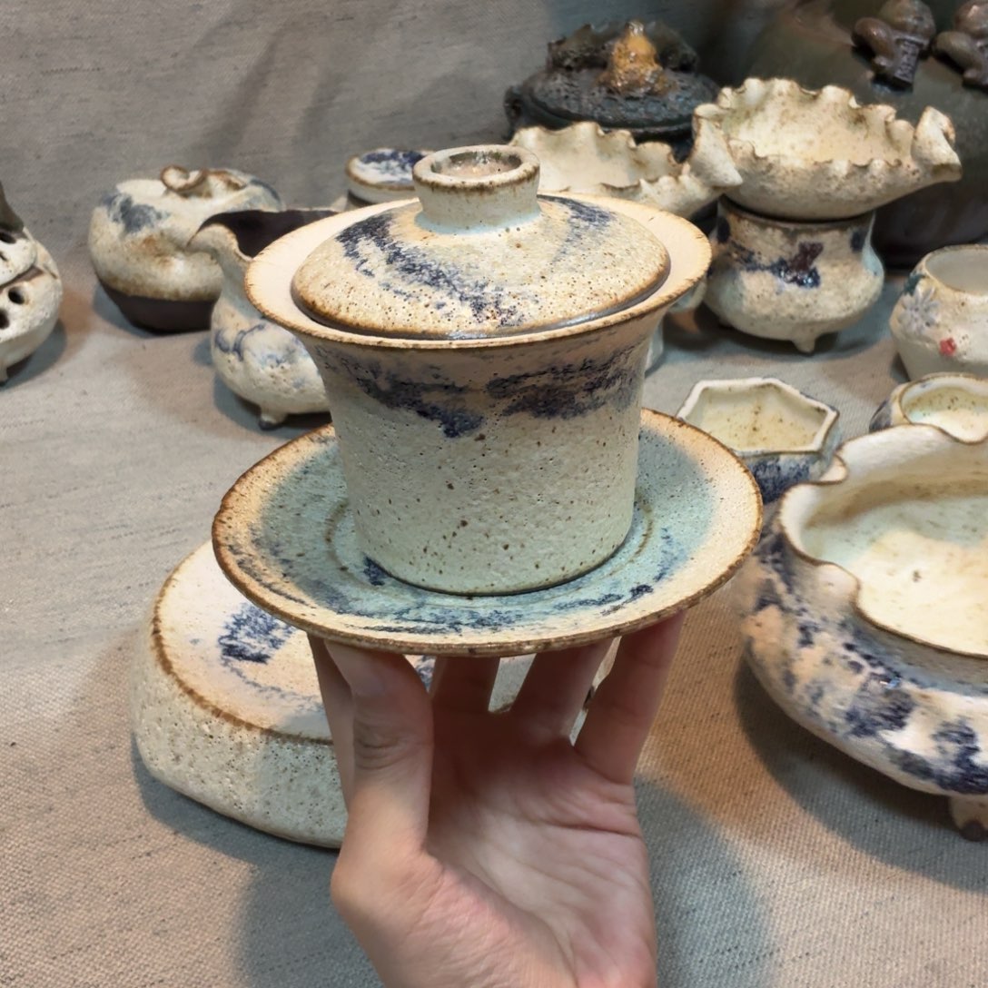 粉引三才盖碗一套一