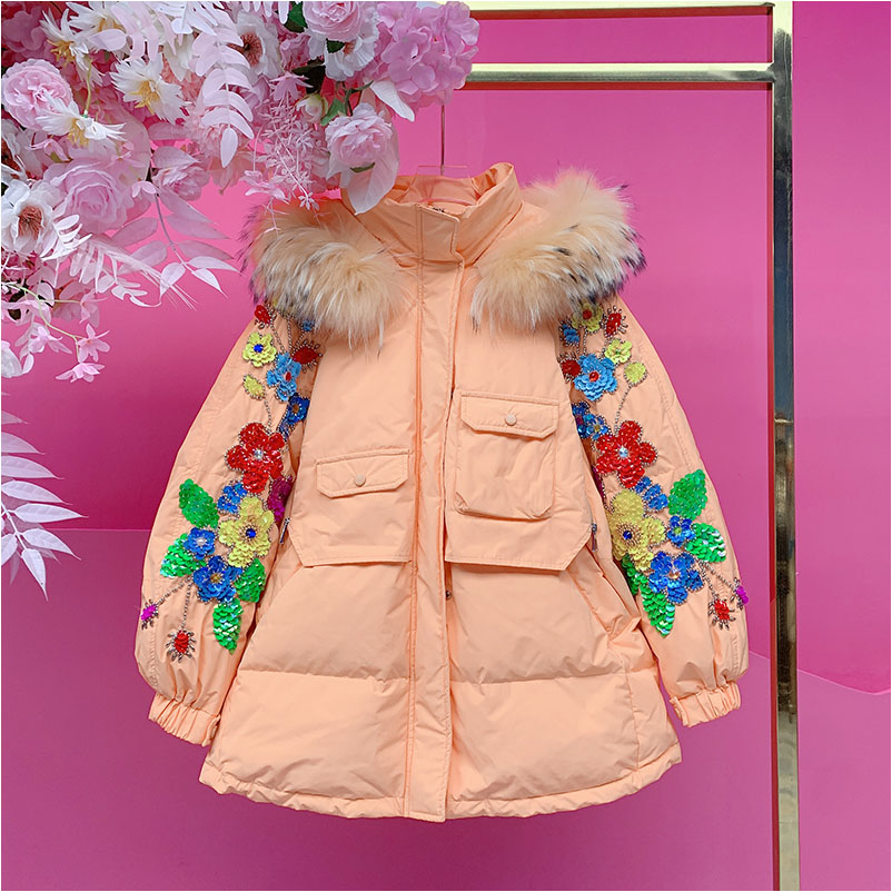 A4978欧美设计师2025冬季新款重工刺绣花朵貉子毛鹅绒羽绒服外套