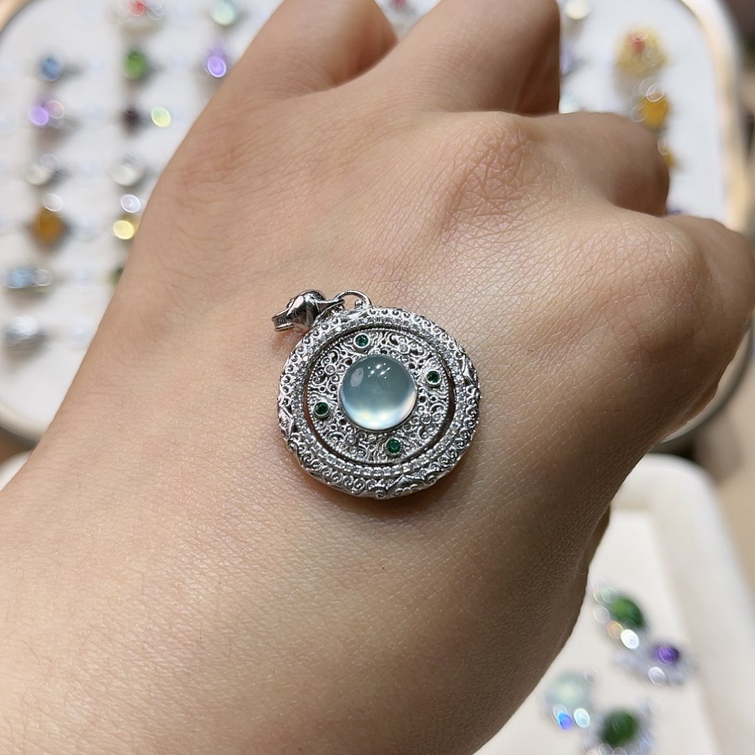 蛇纹石玉戒指银S925镶嵌吊坠