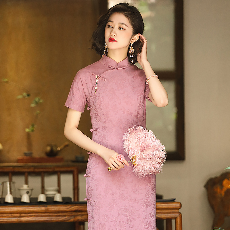 全开襟棉麻旗袍夏季新款复古中国风粉色改良连衣裙24196
