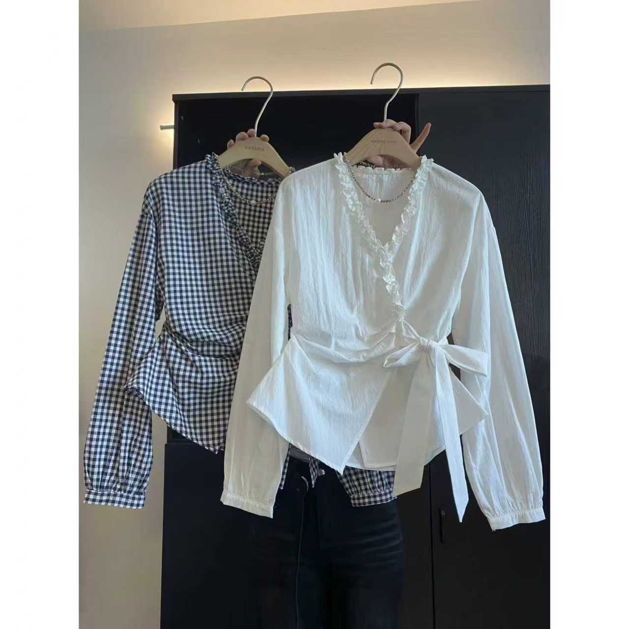 璎婲sᴀᴋᴜʀᴀ【洛梨清茶】媛韩版气质百搭花边V领褶皱收腰绑带衬衫