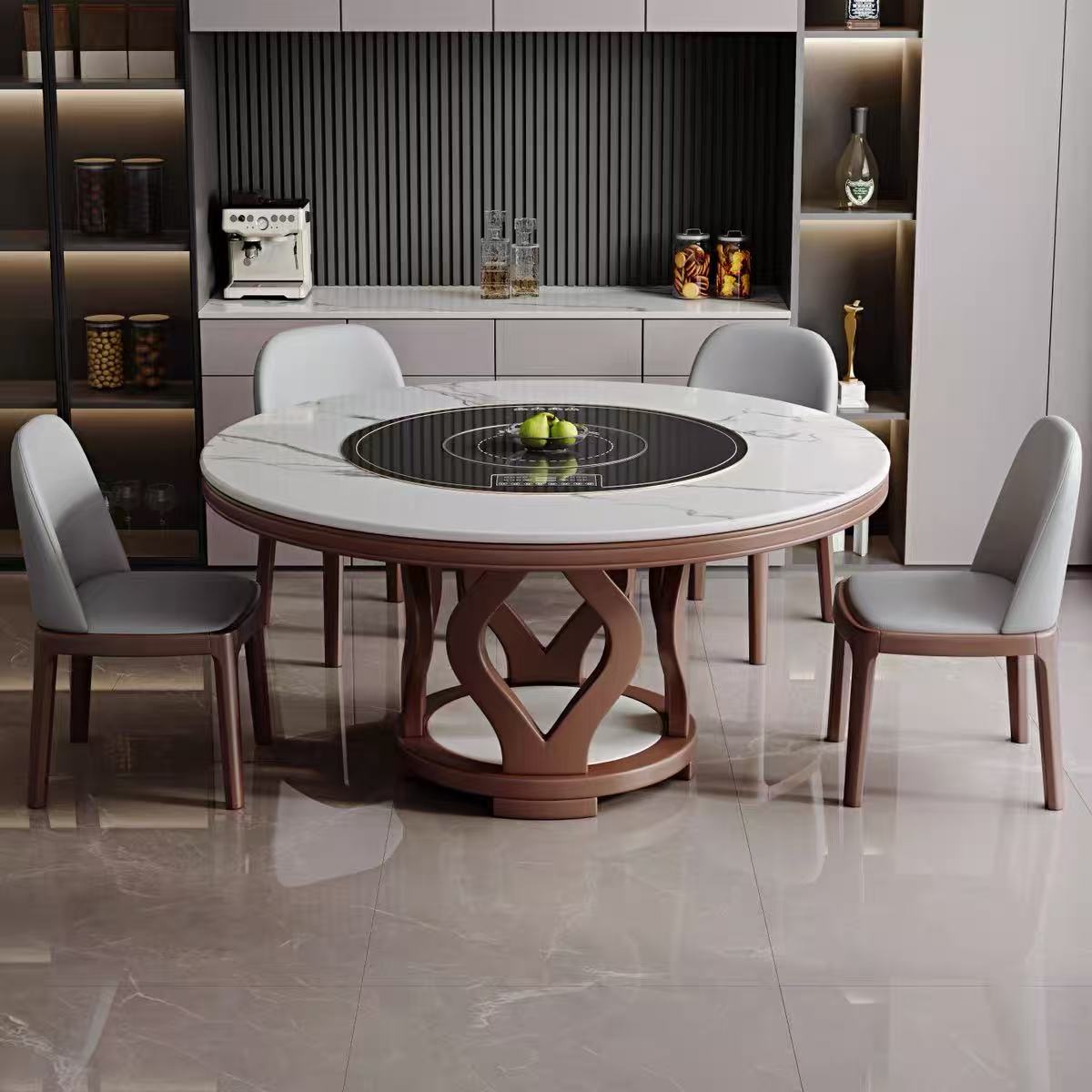 实木岩板餐桌转盘多功能一体高档轻奢风圆桌家用小户型饭桌椅新款