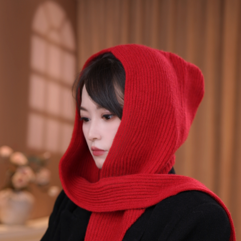 红色巴拉克拉法帽女秋冬季保暖毛线帽子围巾一体连帽围脖针织帽冬