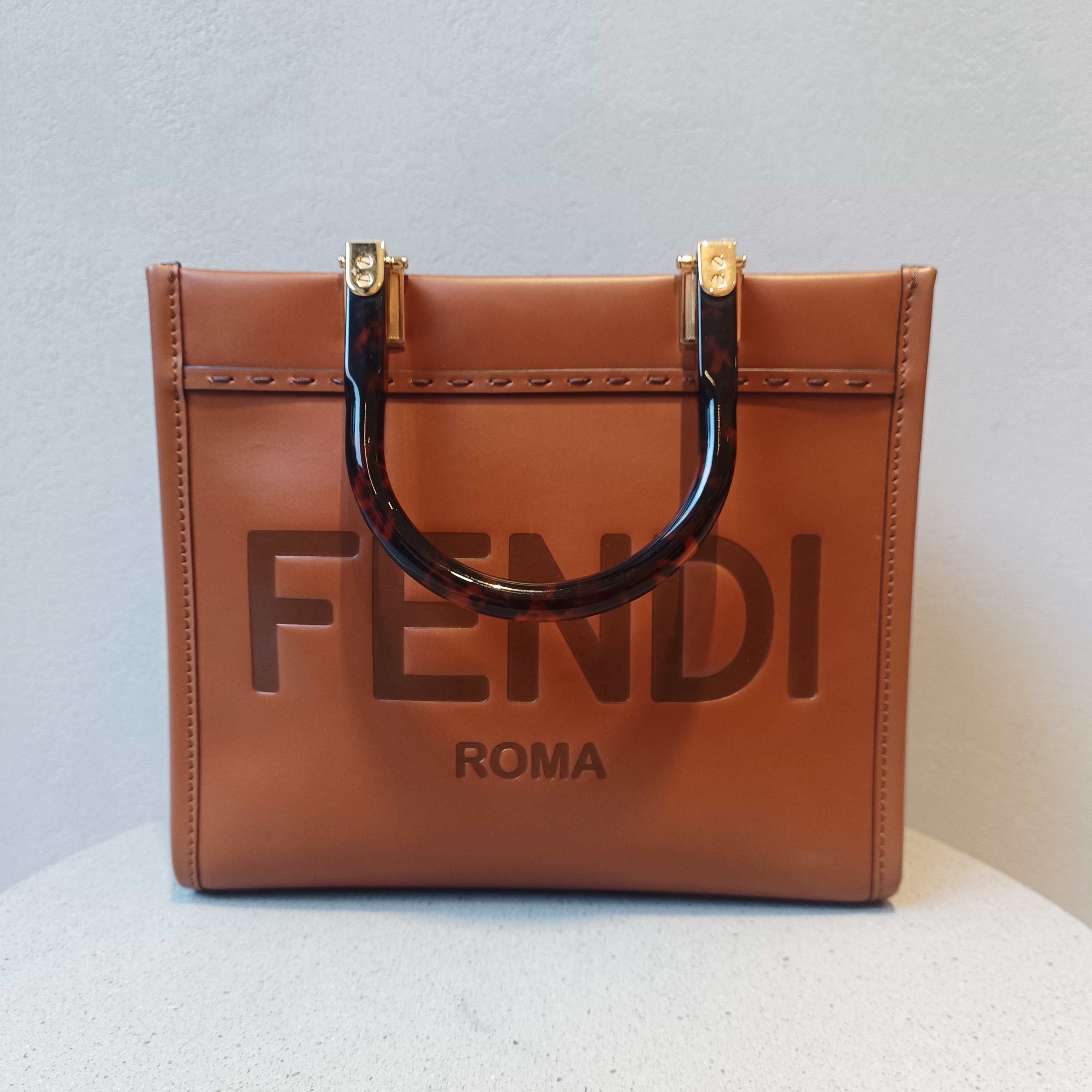 95新 FENDI/芬迪 焦糖色sunshine 小号双F托特包单肩包