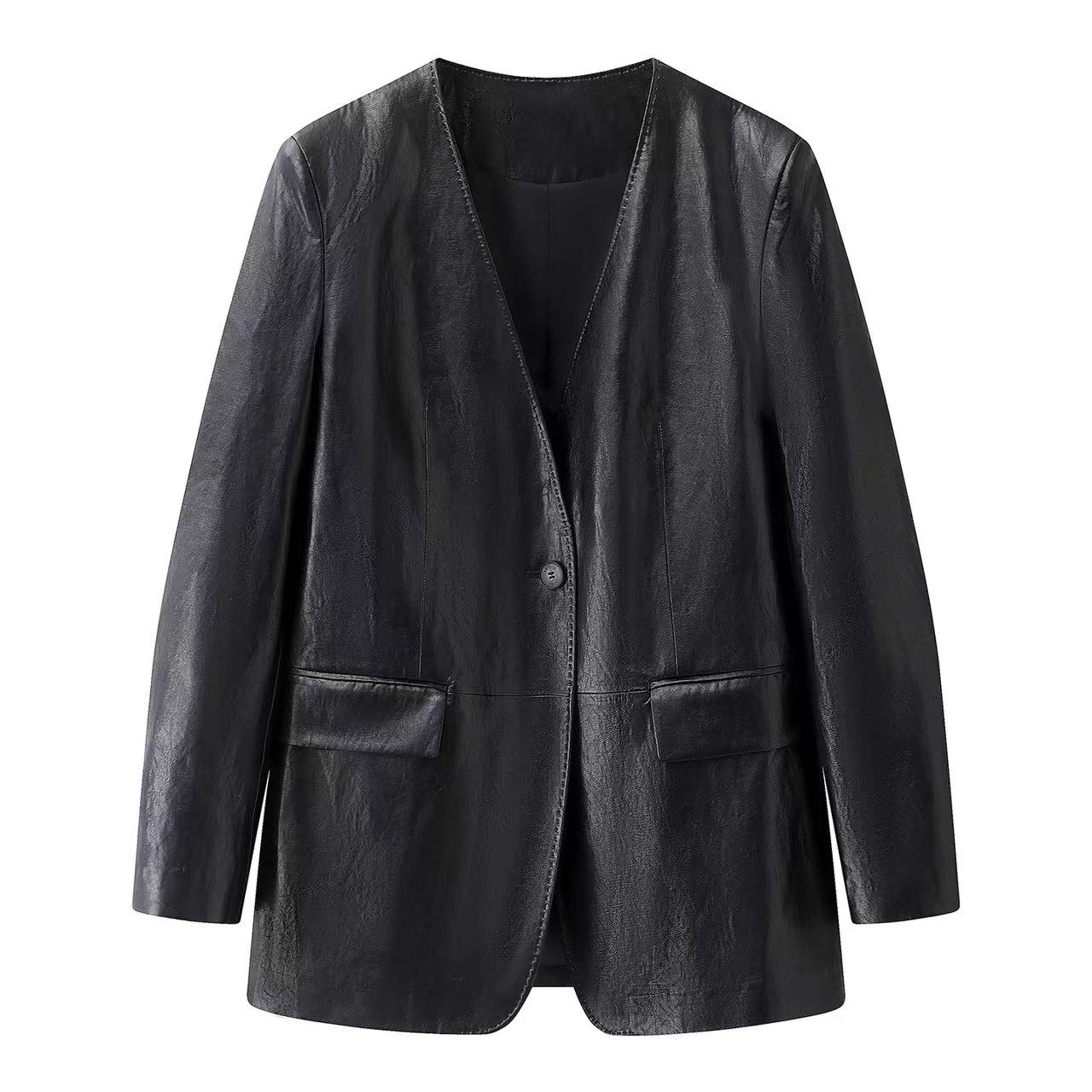 【商场同款】2026春新款中长款百搭高级感黑小西装PU皮衣女外套1183