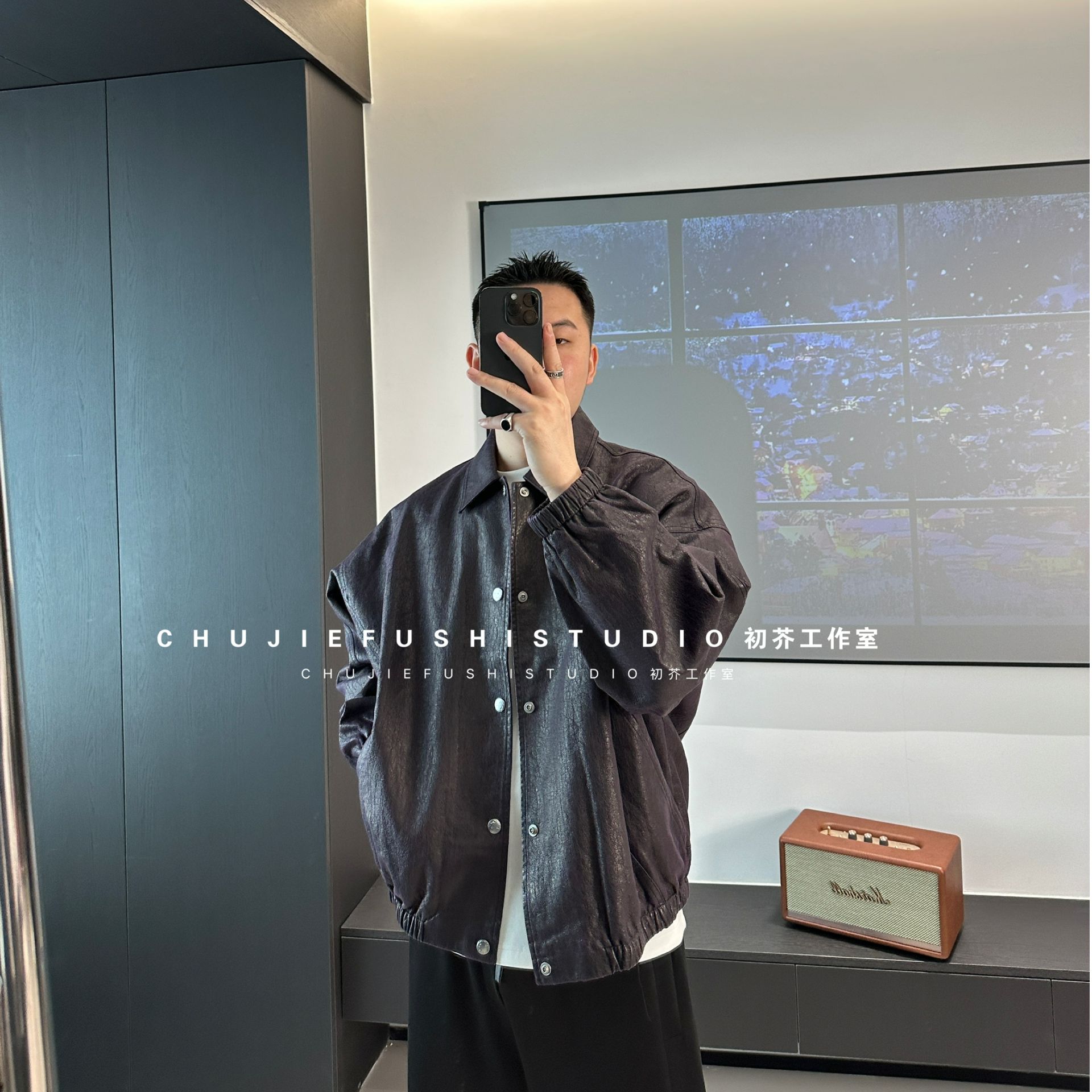 CHUJIE韩版时尚水洗结构设计裂纹夹克外套