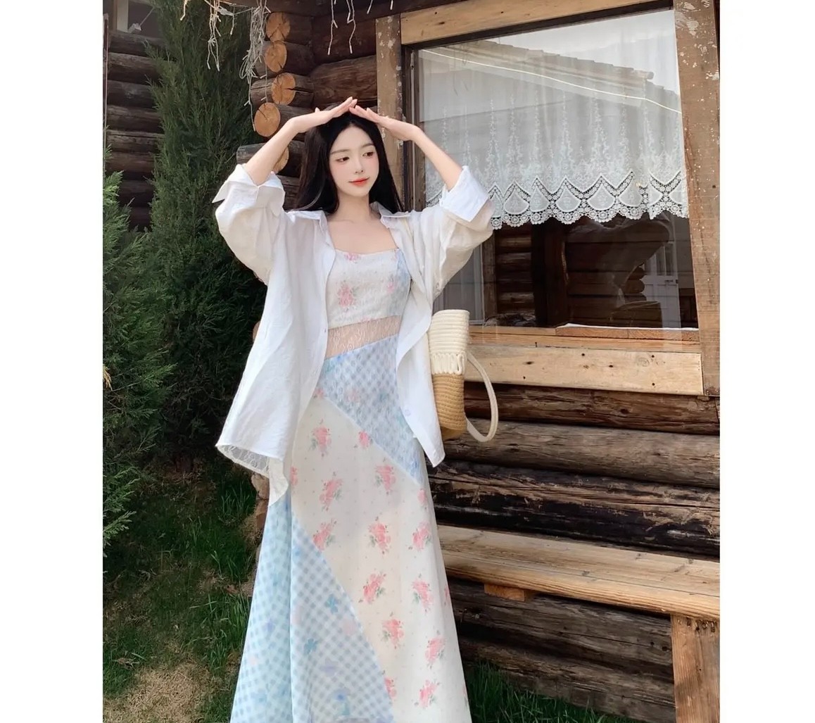 PWW~2025设计感纯欲蕾丝薄款拼接吊带连衣裙百搭衬衫女夏季两件套