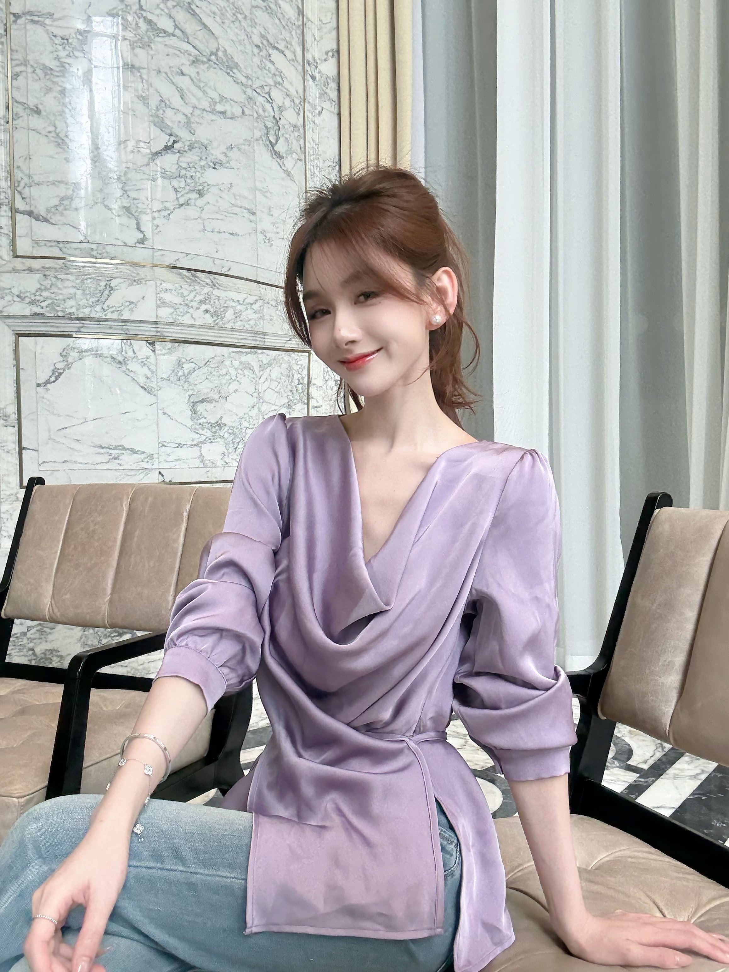 【水波鸢尾】荡领长袖设计感系带收腰高级感新款chic别致上衣御姐