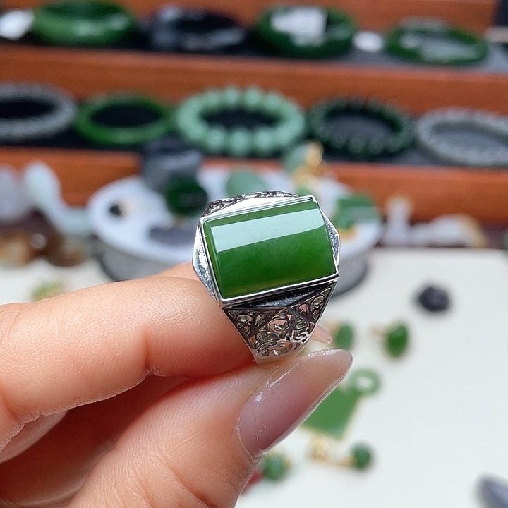 和田玉（碧玉）戒指银S925镶嵌