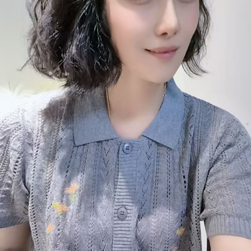 翻领街头风适中纯色短袖毛针织衫开衫蕾丝上衣女装包邮