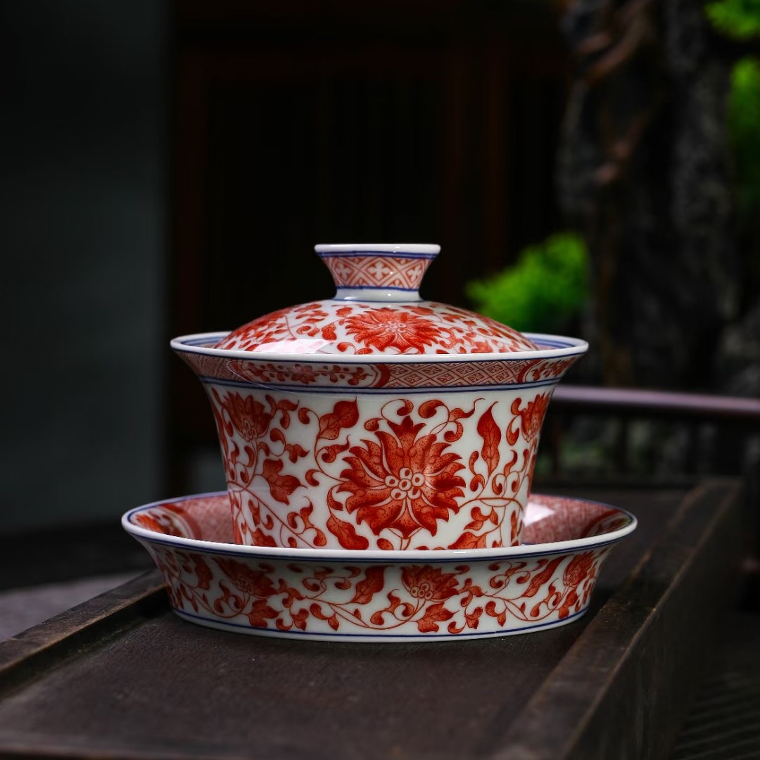 景德镇手工手作釉下彩纯釉里红缠枝莲高端陶瓷茶具马蹄三才盖碗