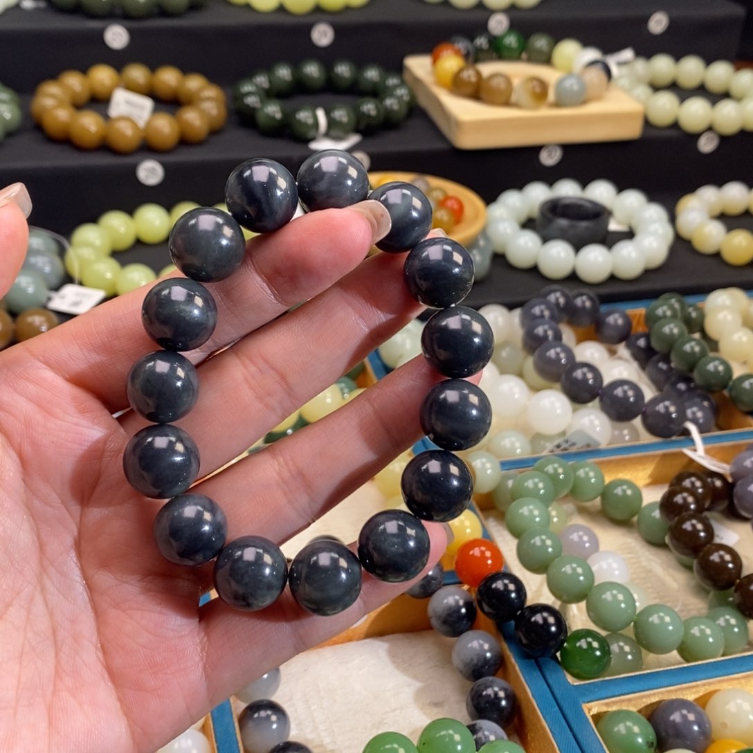 和田玉手链 14MM未镶嵌青花