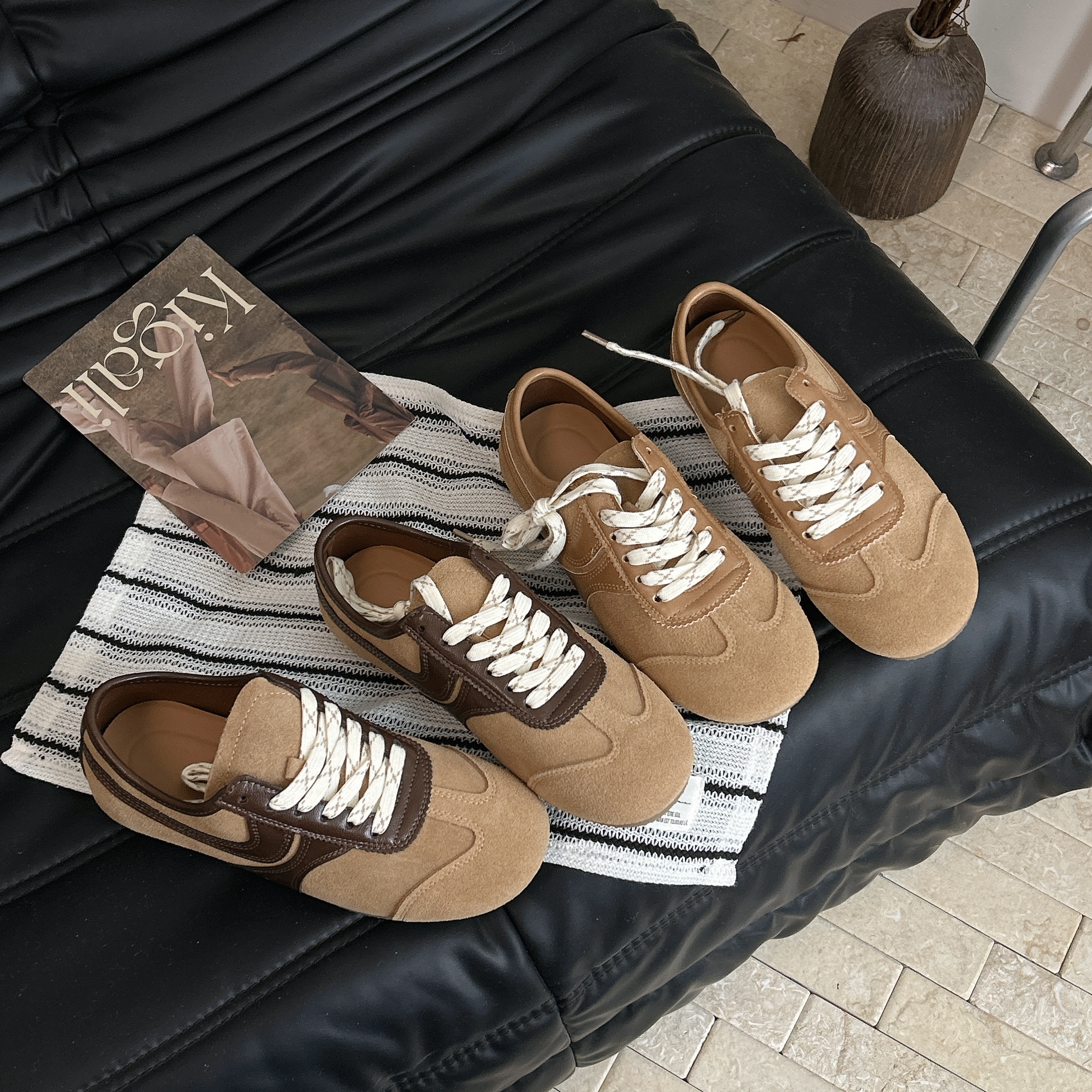 头层牛皮系带德训鞋防滑方圆头时尚拼色休闲鞋女鞋复古3cm