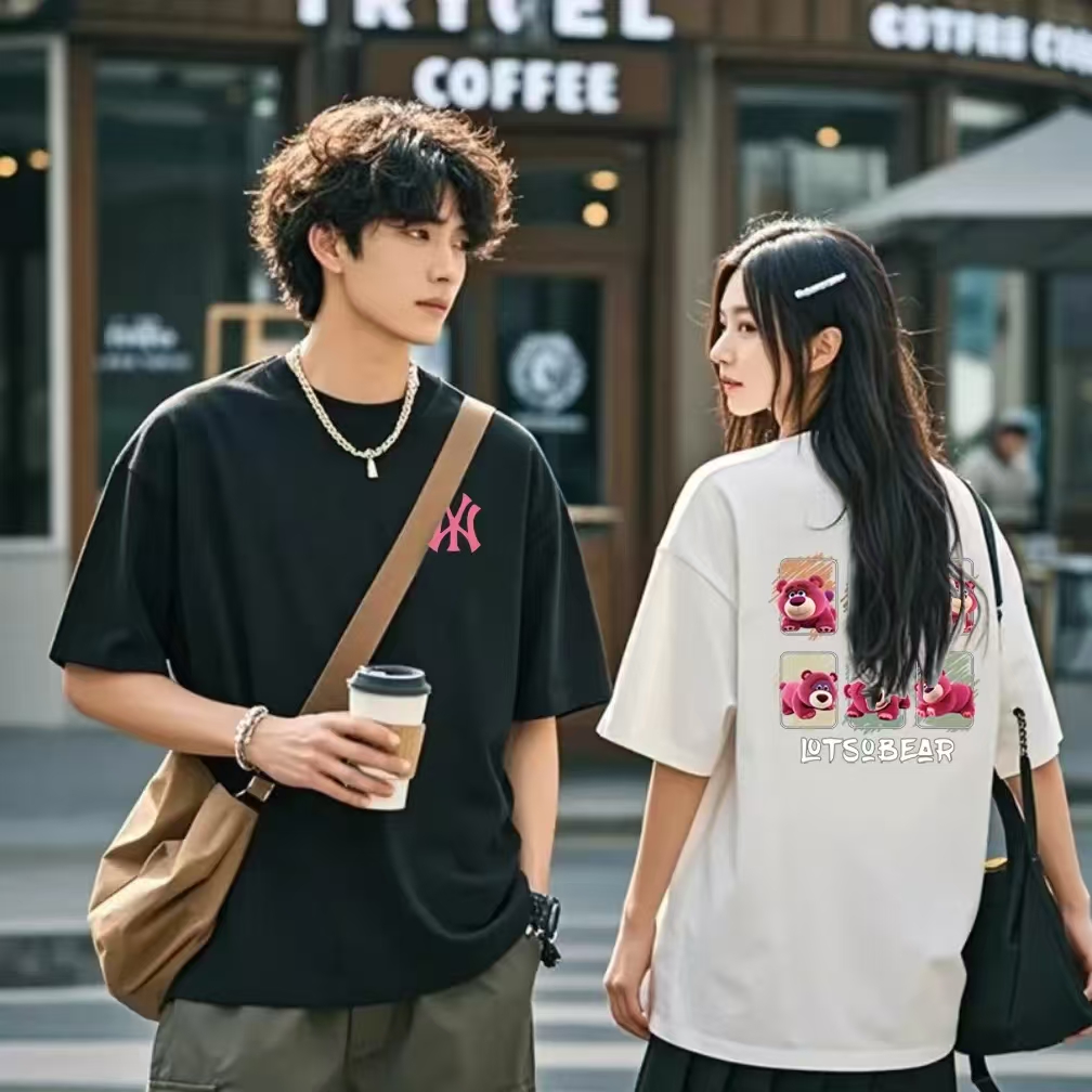 220潮牌T恤男女同款时尚百搭圆领印花t恤短袖前后格子熊Y