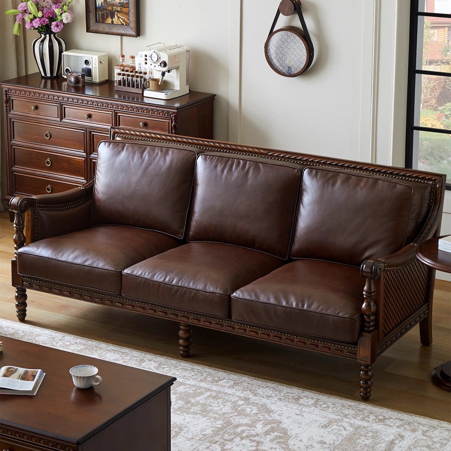 美式真皮沙发实木进口头层牛皮复古法式东南亚风情南洋风沙发组合