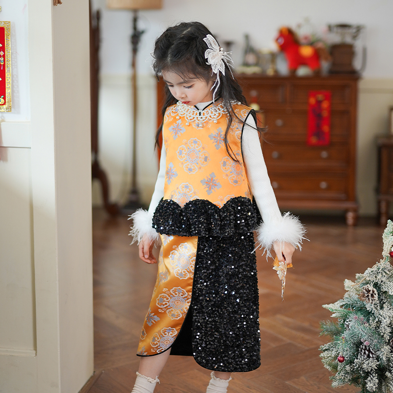 0769964女童汉服套装国风新中式马甲亮片拼接半身裙25年新款唐装