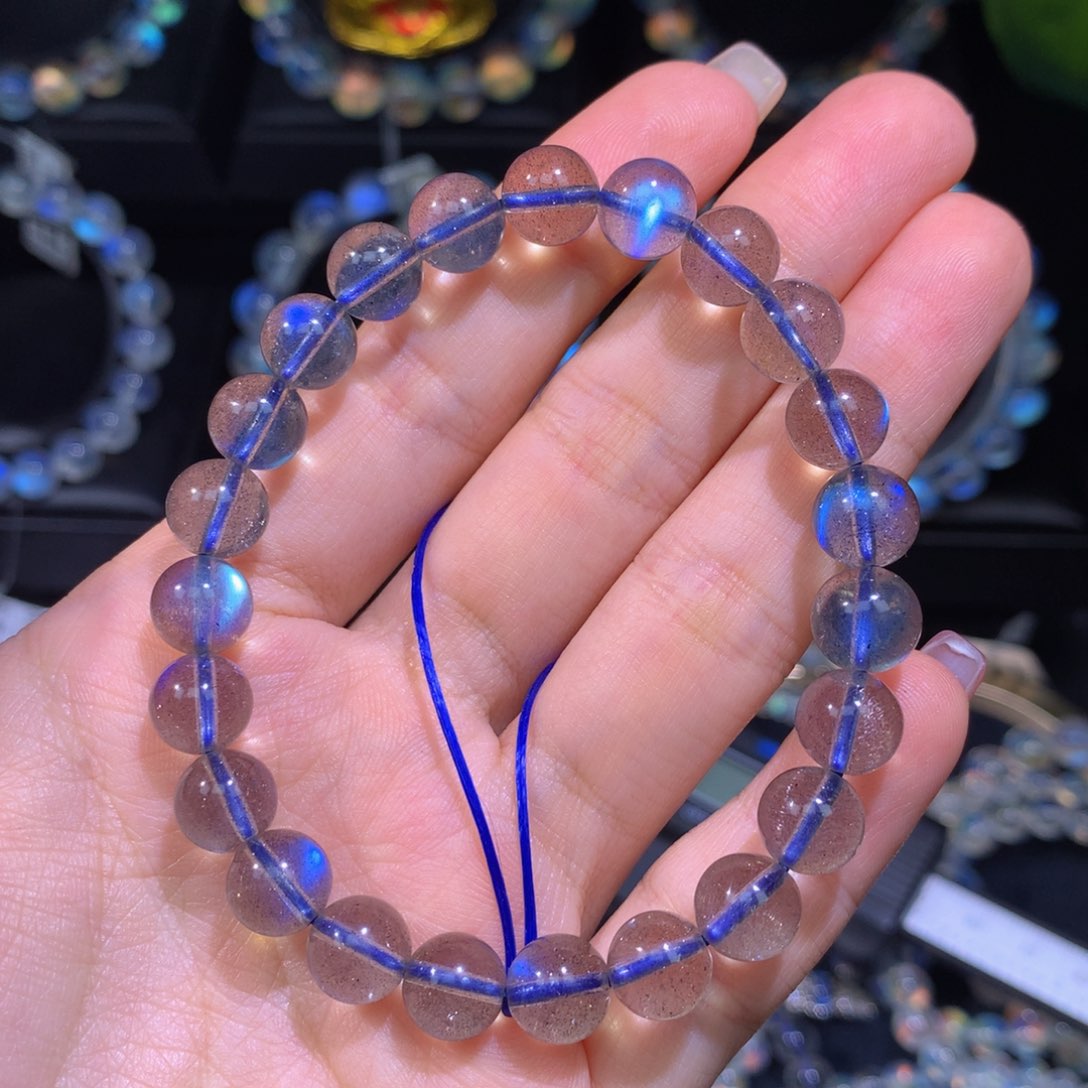 拉长石手链未镶嵌高透全蓝光灰月手串8.4mm