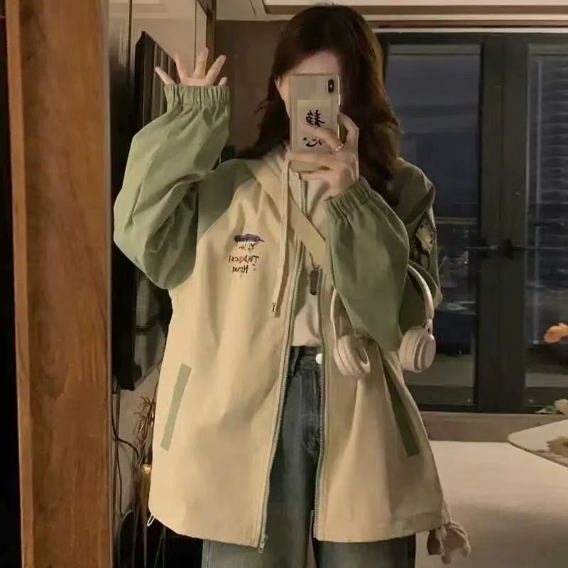 【A1121-A1130】连帽长袖韩版常规薄款风衣百搭拉链学院风拼接复古
