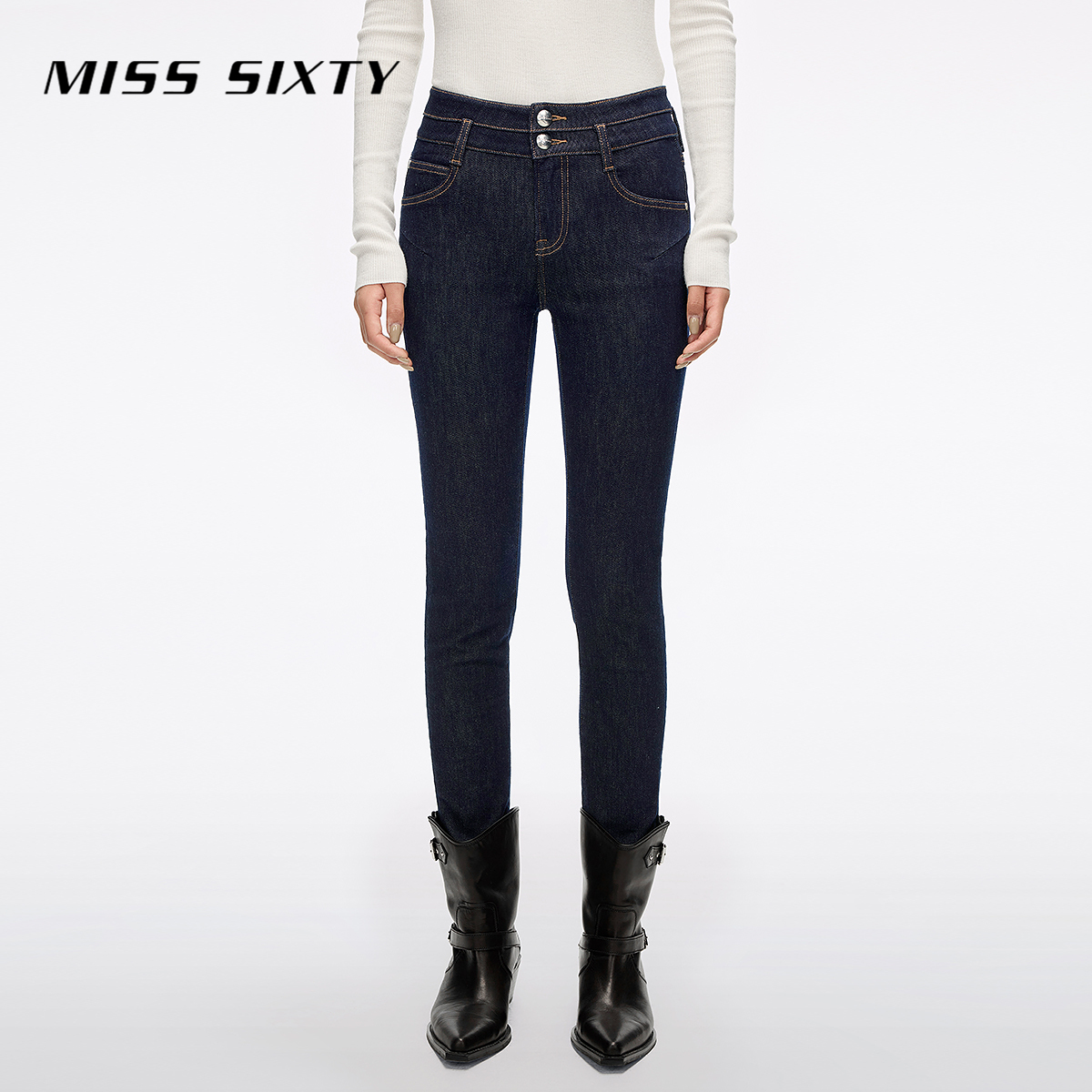 Miss Sixty2025冬季新款抓毛牛仔裤女双扣高腰显瘦紧身小脚铅笔裤