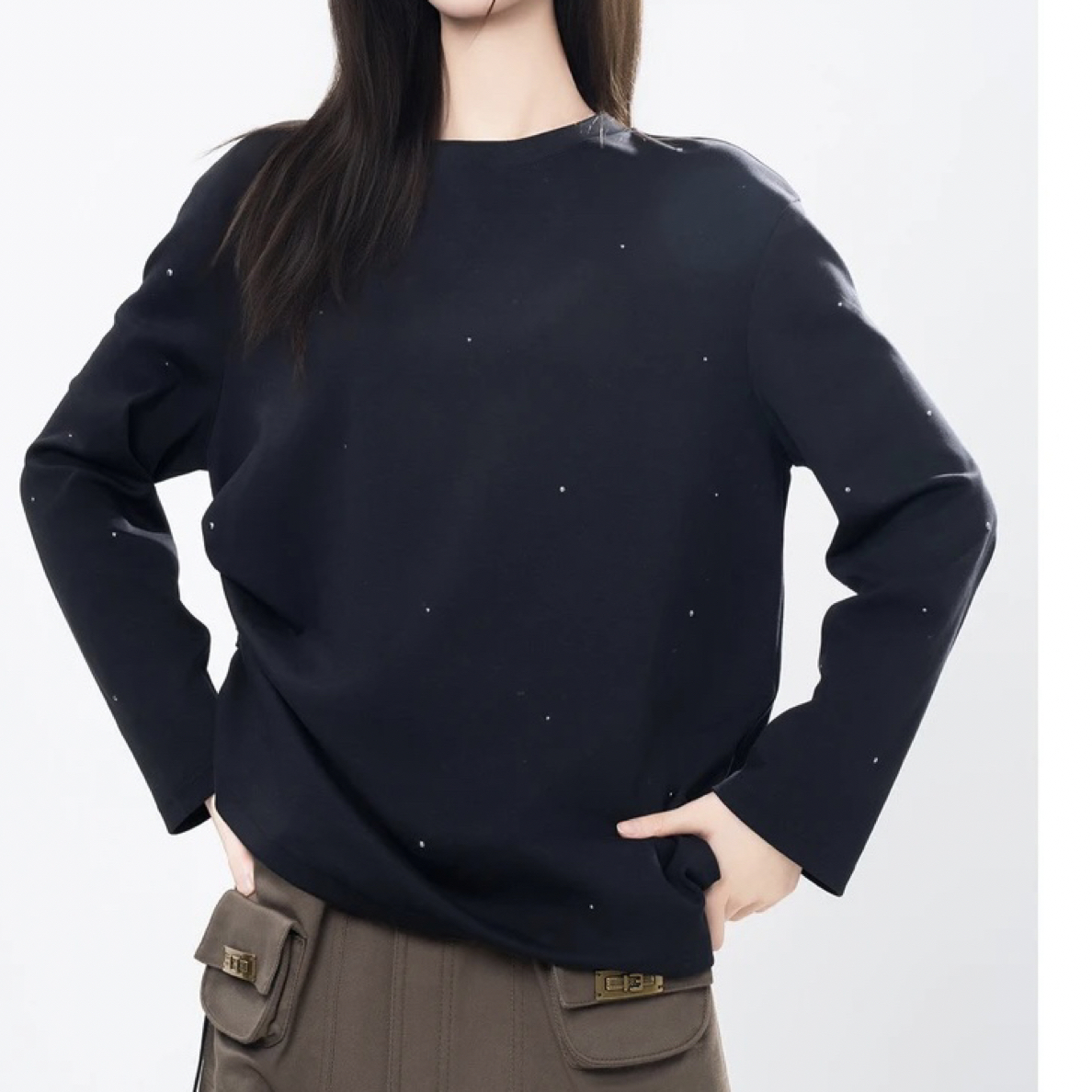 新款秋季慵懒感小众长袖T恤满天星烫钻圆领卫衣女530100