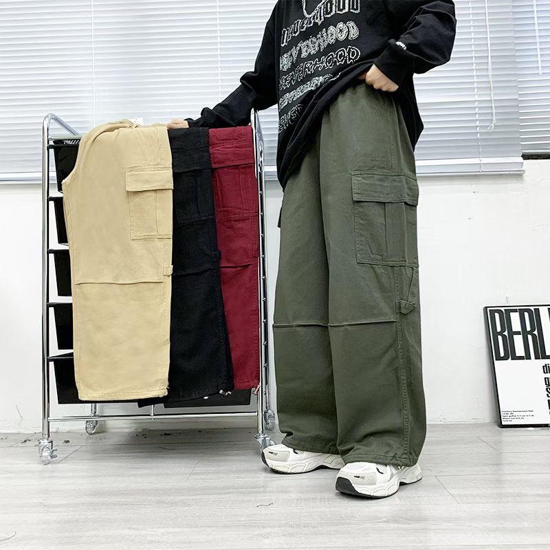 2025年春秋新款工装单裤斜飘带百搭潮流韩版宽松休闲多口袋直筒裤
