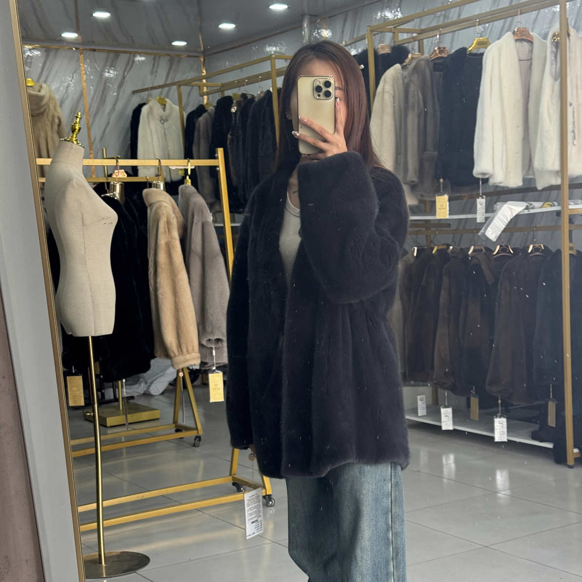 人造皮草 深灰色V领休闲女款