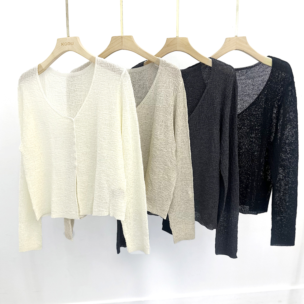 【刻度KODU】RM-5340夏季简约轻薄百搭V领镂空肌理感长袖针织开衫