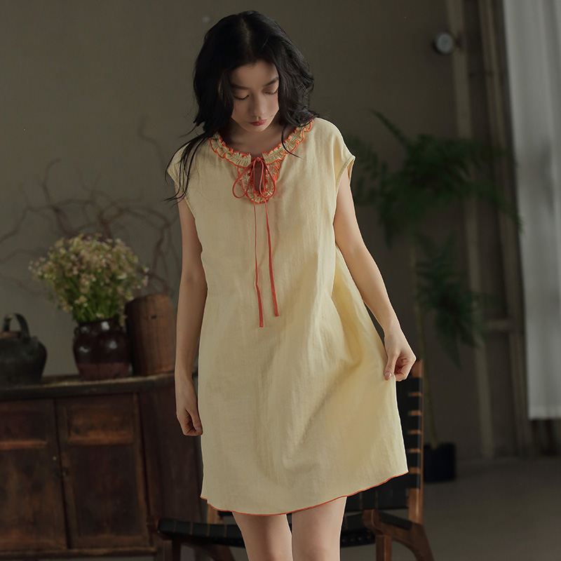 睡裙短袖休闲中国风套头夏季中式汉服复古纯色26311纯棉宽松夏装