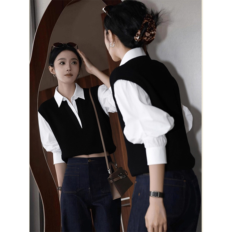 2025秋季小众不撞款独特别致绝美高级感超好看拼接假两件针织衫女