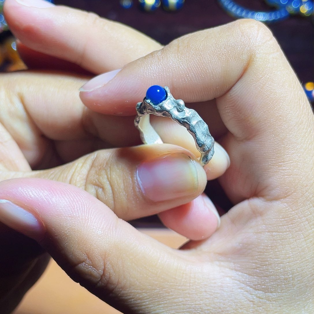 蓝珀裸石银S925镶嵌多米尼加净水戒指