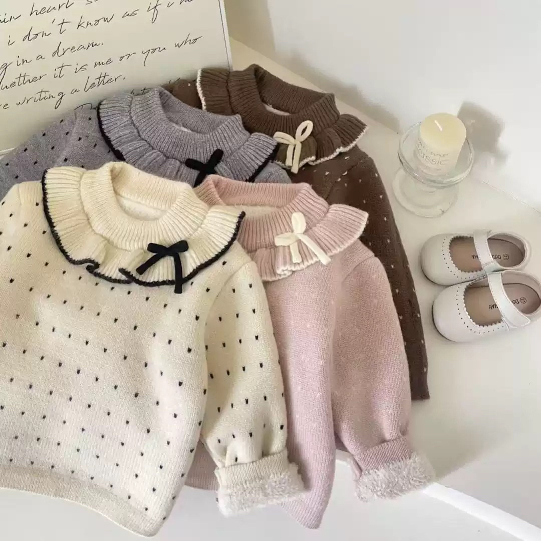 女童加绒毛衣打底衫冬季新款宝宝加厚洋气长袖针织衫儿童花边上衣