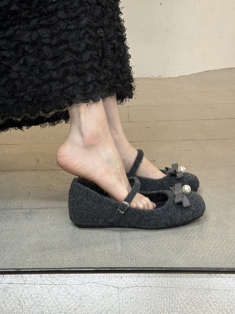 阿南儿~法式温柔毛呢蝴蝶结内增高玛丽珍鞋女秋冬季圆头加绒单鞋