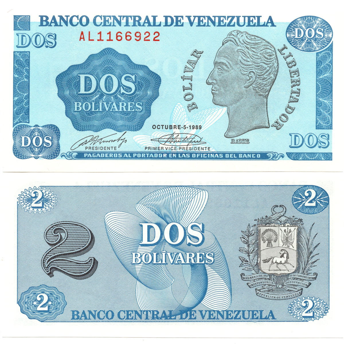 委内瑞拉2玻利瓦尔1989年全新UNC纸币老纸钞外国钱币收藏
