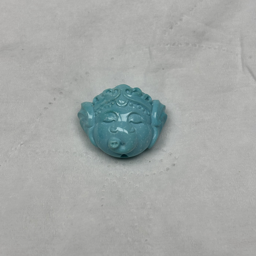 湖北十堰天然原矿绿松石无水无油雕刻宝宝象神尺寸17x14.3mm