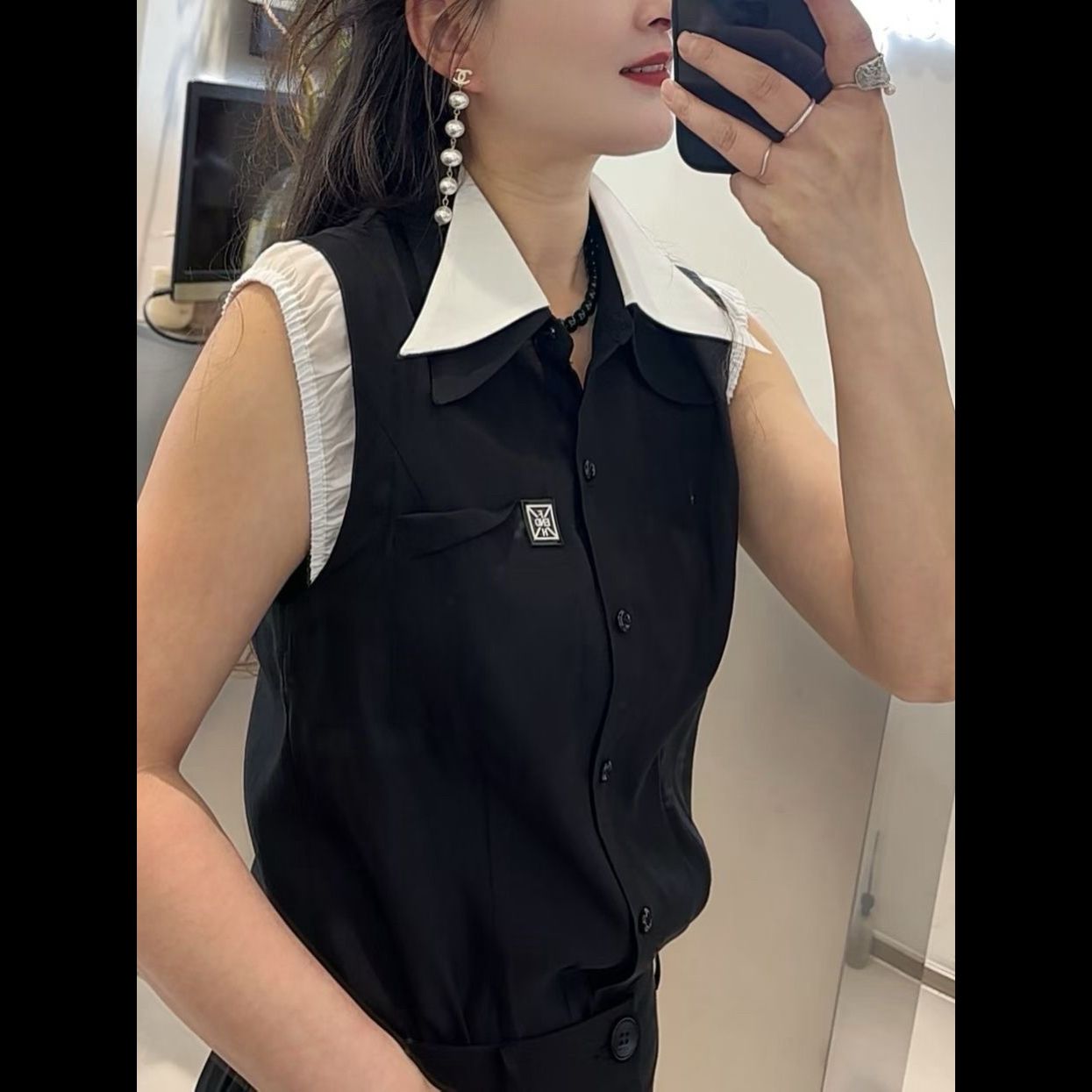 【玫瑰缘】欧货MO厂家福利拼接百搭网红时尚薄款拼色无袖叠领上衣