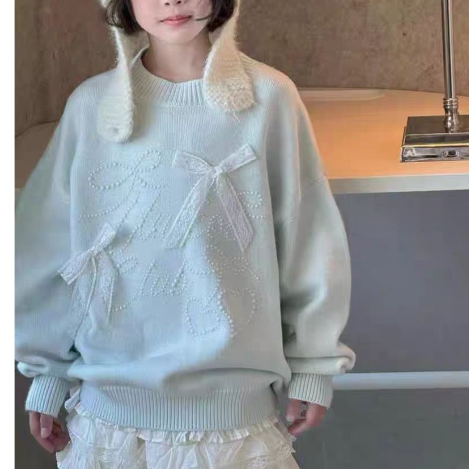 女童韩版蕾丝蝴蝶结针织毛衣秋冬洋气时尚款打底上衣