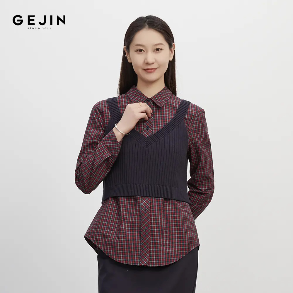 GEJIN/歌锦早秋新款百搭复古英伦风格纹休闲时尚衬衫9322520453