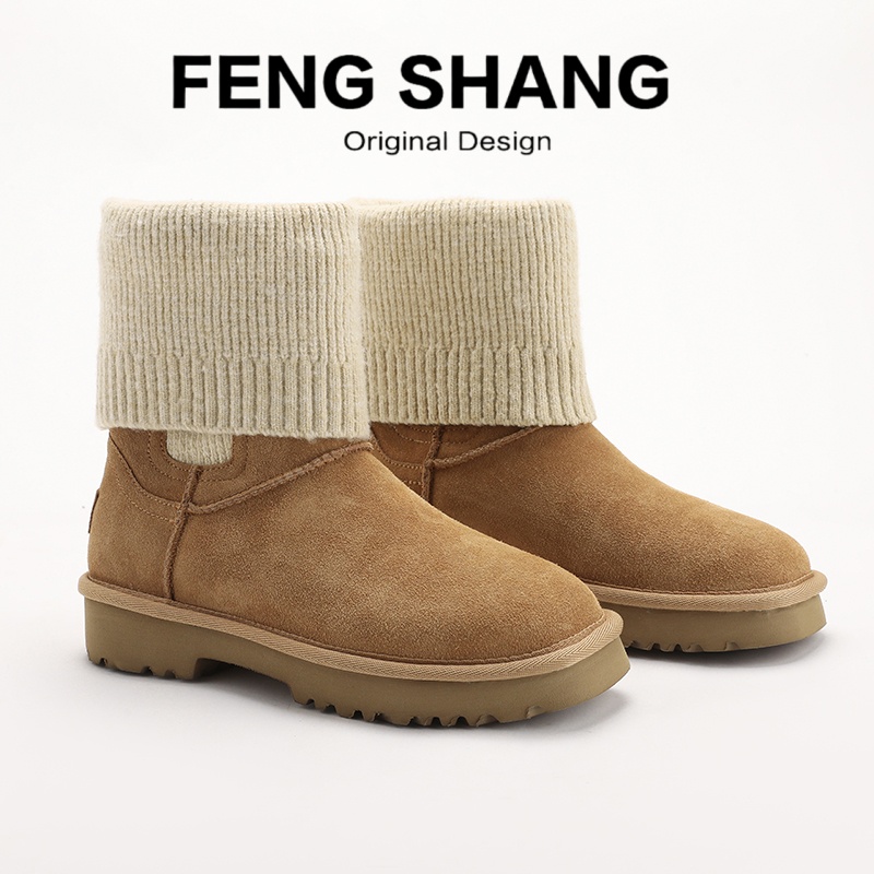 牛皮版~冬季新款针织翻边雪地靴女短筒保暖毛绒靴子方头切尔西靴