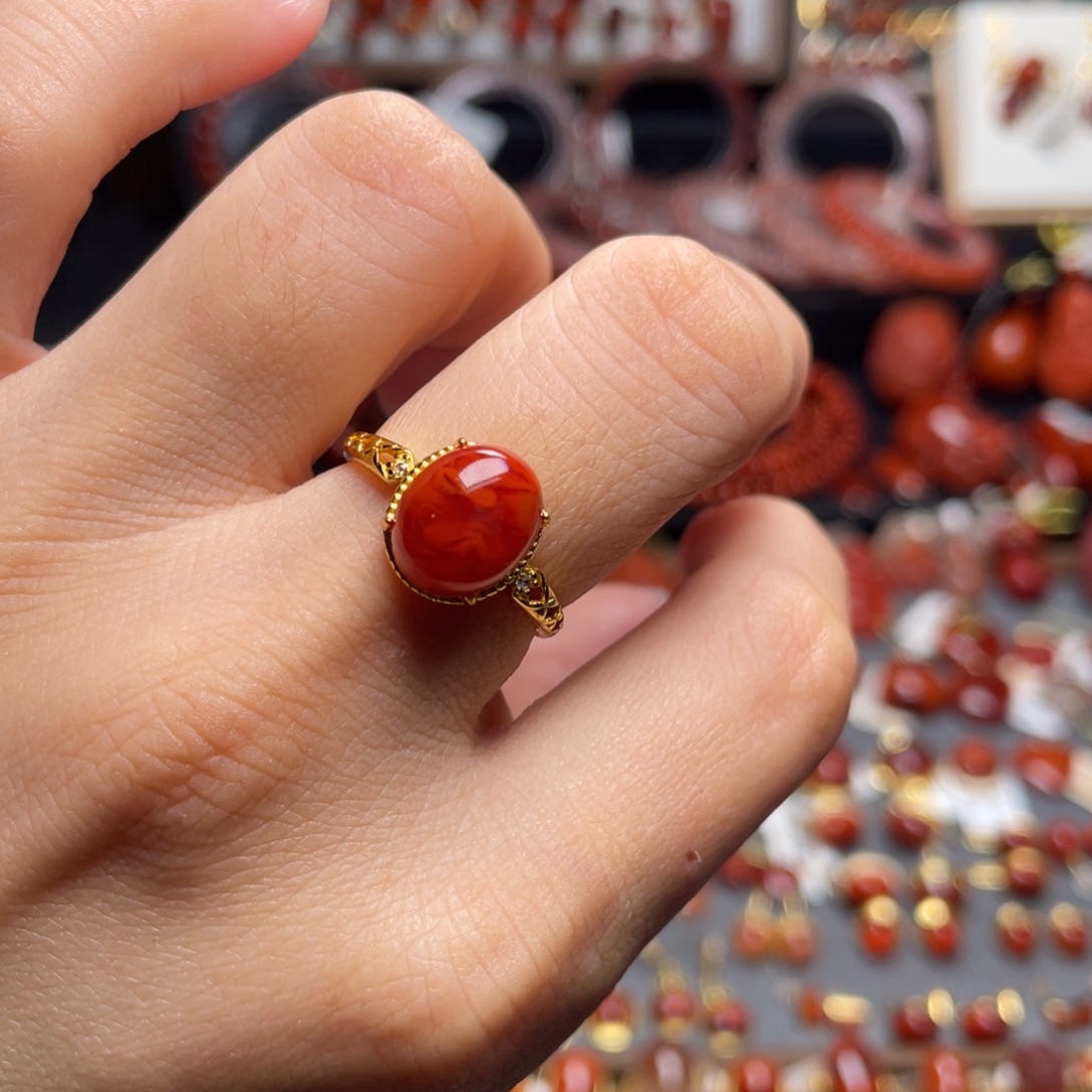 南红玛瑙银S925镶嵌火焰纹戒指