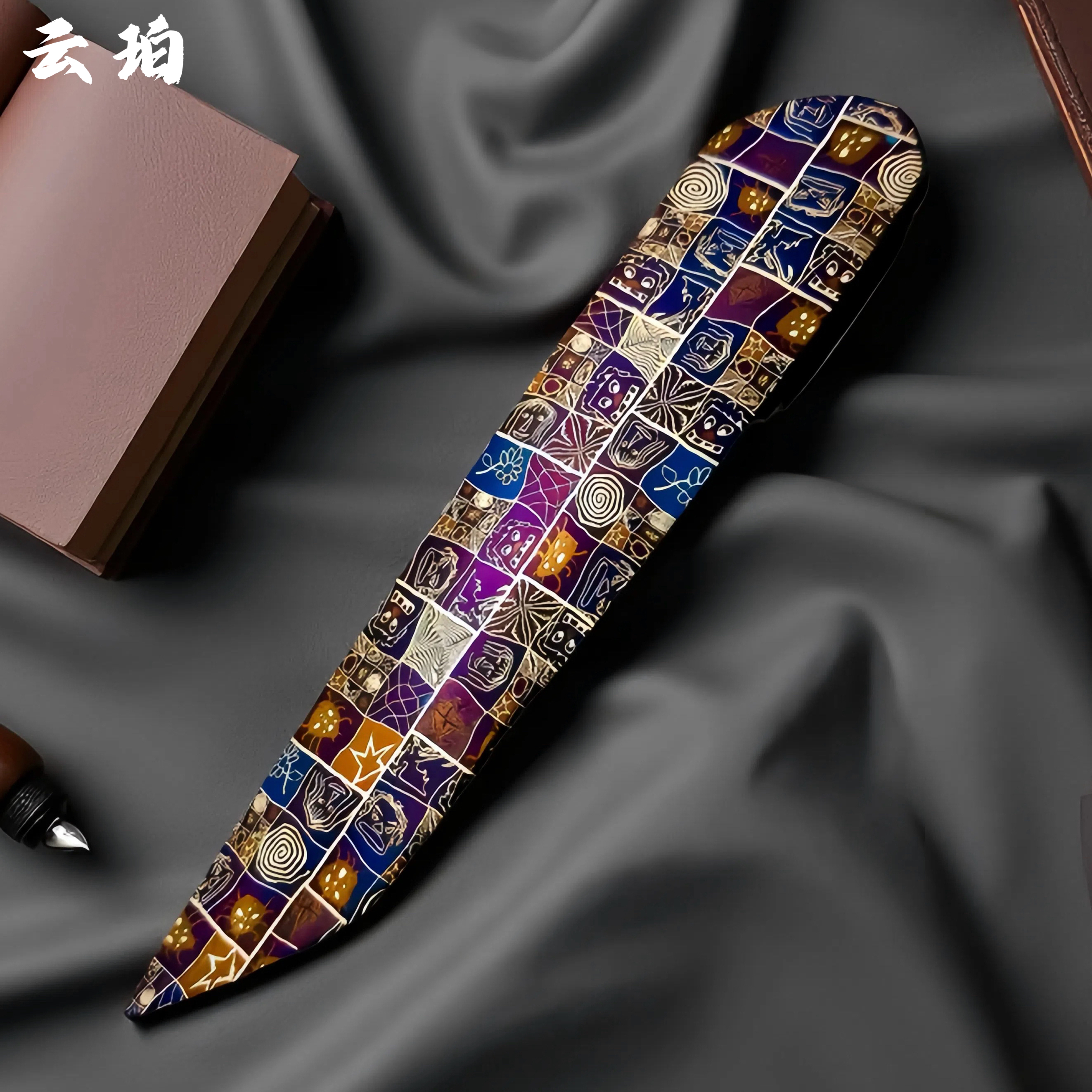 【云珀】马赛克人脸纹大马士革折刀 高端收藏级别小刀表面无螺丝