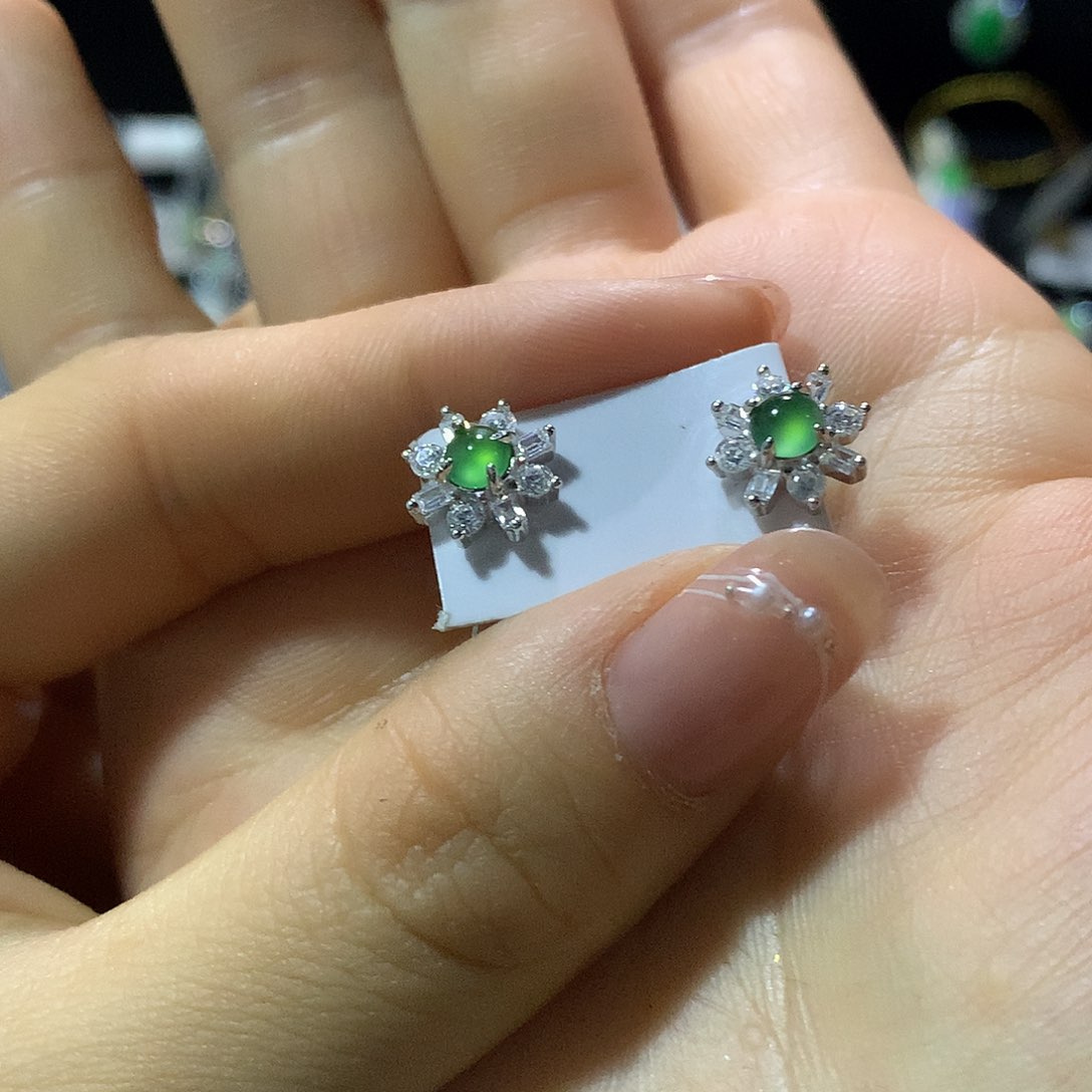 翡翠戒指银S925镶嵌耳钉