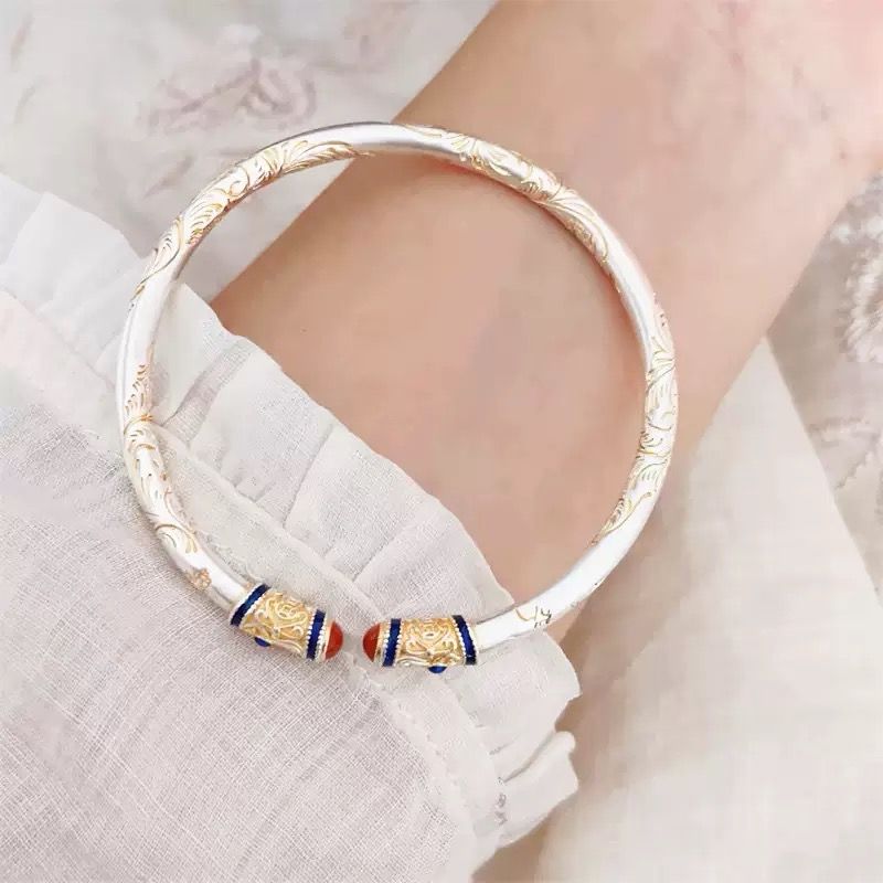 足银银制品 B25如意珐琅唐草纹手镯开口款